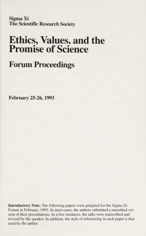 Book cover for Ethics, Values, and the Promise of Science : Sigma XI Forum Proceedings
