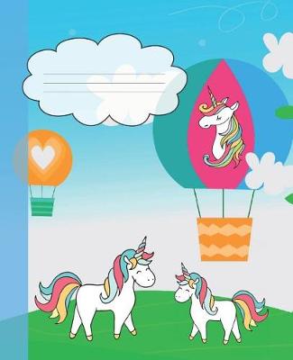 Book cover for Cute Rainbow Hot Air Balloons & Unicorn Cover Girls Composition Wide-ruled blank line School Notebooks