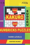 Book cover for 200 Kakuro sudoku and 200 Numbricks puzzles hard levels.