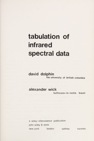 Cover of Tabulation of Infrared Spectral Data