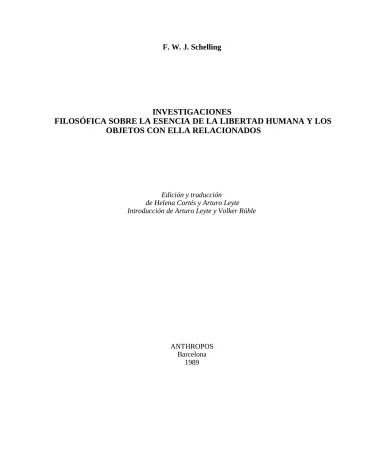 Cover of Investigaciones Filosoficas Sobre La Esencia de La Libertad Humana y Los Objetos Con Ella Relacionados