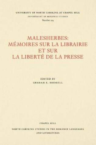 Cover of Malesherbes: Memoires sur la librairie et sur la liberte de la presse