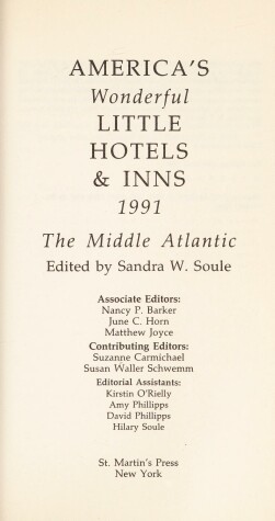 Book cover for America's Wonderful Little Hotels and Inns, 1991-The Middle Atlantic