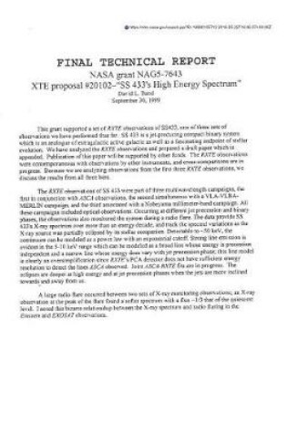 Cover of Xte Proposal #20102--"ss 433's High Energy Spectrum"