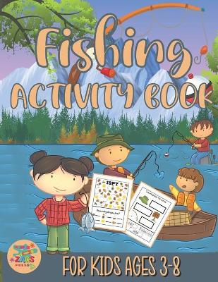 Book cover for fishing activity book for kids ages 3-8