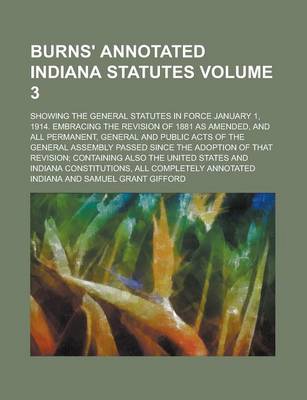 Book cover for Burns' Annotated Indiana Statutes; Showing the General Statutes in Force January 1, 1914. Embracing the Revision of 1881 as Amended, and All Permanent, General and Public Acts of the General Assembly Passed Since the Adoption of Volume 3