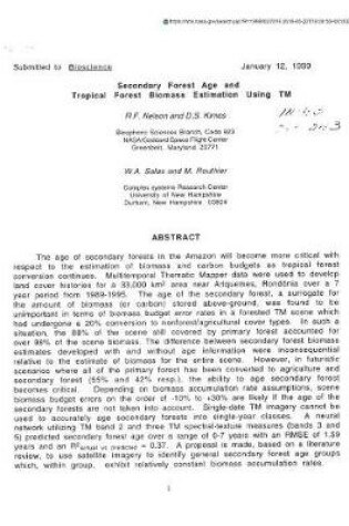 Cover of Secondary Forest Age and Tropical Forest Biomass Estimation Using TM