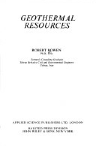 Cover of Bowen: *Geothermal* Resources