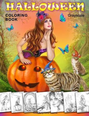 Book cover for Halloween Coloring Book. Grayscale
