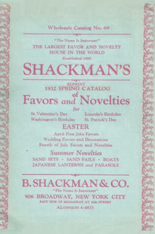 Cover of Shackman's Reprint 1932 Spring Catalog of Favors and Novelties