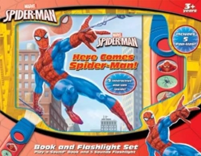 Book cover for Marvel Spider-Man: Here Comes Spider-Man! Book and 5-Sound Flashlight Set