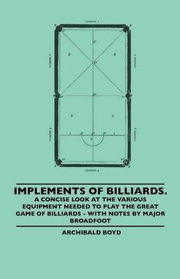 Book cover for Implements Of Billiards. A Concise Look At The Various Equipment Needed To Play The Great Game Of Billiards - With Notes By Major Broadfoot