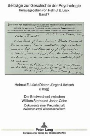 Cover of Der Briefwechsel Zwischen William Stern Und Jonas Cohn