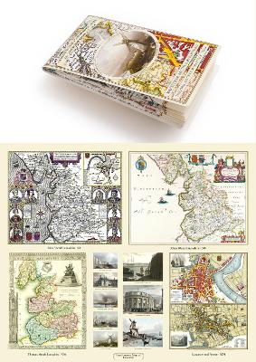 Cover of A Lancashire 1611 - 1836 - Fold Up Map that features a collection of Four Historic Maps, John Speed's County Map 1611, Johan Blaeu's County Map of 1648, Thomas Moules County Map of 1836 and a Plan of Lancaster and Preston from 1824. The maps also feature early Victorian views around Liverpool as well as Manchester and Blackpool.