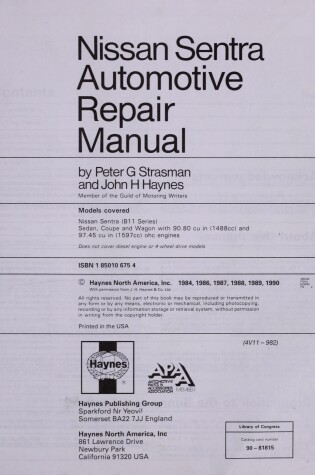 Cover of Nissan/Datsun Sentra 1982-90 Automotive Repair Manual