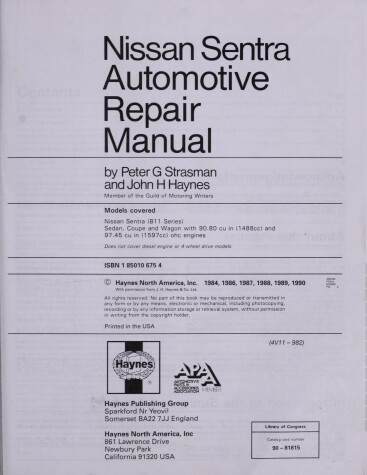 Book cover for Nissan/Datsun Sentra 1982-90 Automotive Repair Manual