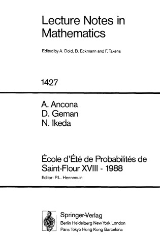 Cover of Ecole D'Ete de Probabilites de Saint-Flour XVIII - 1988