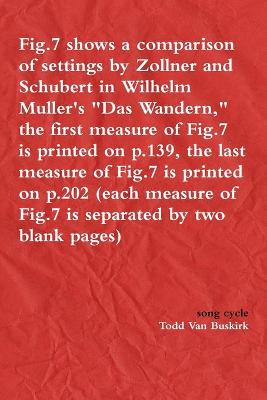 Book cover for Fig.7 shows a comparison of settings by Zollner and Schubert in Wilhelm Muller's "Das Wandern," the first measure of Fig.7 is printed on p.139, the last measure of Fig.7 is printed on p.202 (each measure of Fig.7 is separated by two blank pages)