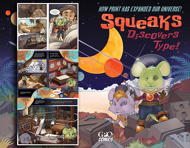 Book cover for How Print Has Expanded Our Universe!: Squeaks Discovers Type! (Comic Book)