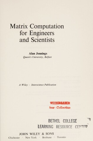 Cover of Matrix Computation for Engineers and Scientists