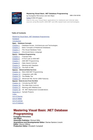 Cover of Mastering Visual Basic .Net Database Programming