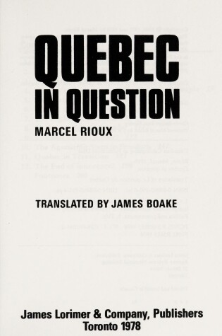 Cover of Quebec in Question