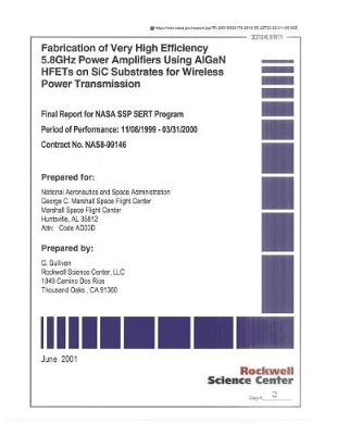 Book cover for Fabrication of Very High Efficiency 5.8 Ghz Power Amplifiers Using Algan Hfets on Sic Substrates for Wireless Power Transmission