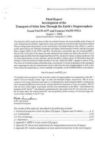 Cover of Investigation of the Transport of Solar Ions Through the Earth's Magnetosphere