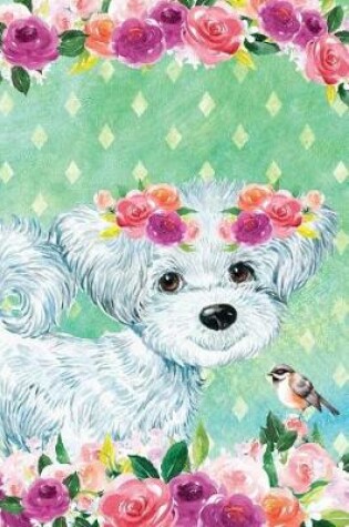 Cover of Bullet Journal Notebook for Dog Lovers White Fluffy Puppy in Flowers 2