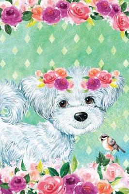 Book cover for Bullet Journal Notebook for Dog Lovers White Fluffy Puppy in Flowers 2