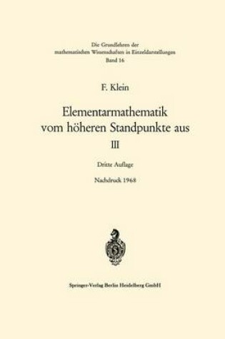 Cover of Elementarmathematik Vom Hoheren Standpunkete Aus III