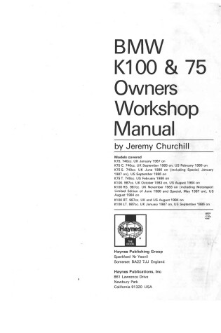 Cover of BMW K100 and K75 1983-87 Owner's Workshop Manual