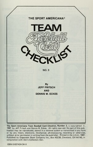 Cover of Team Baseball Card Checklist No. 3