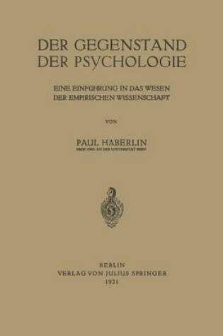 Cover of Der Gegenstand Der Psychologie