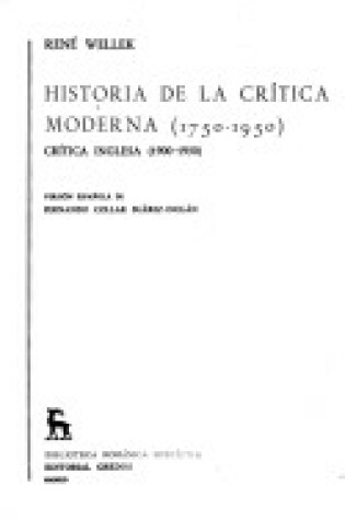 Cover of Historia de La Critica Moderna ( 1750-1950) Vol. V