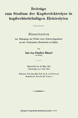 Cover of Beiträge zum Studium der Kupferelektrolyse in kupferchlorürhaltigen Elektrolyten