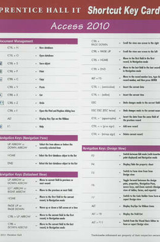 Cover of Prentice Hall Access 2010 Shortcut Card