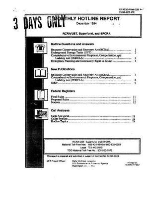 Book cover for RCRA-Superfund-OUST Hotline Monthly Report December 1994