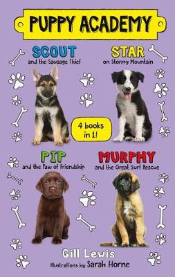 Cover of Puppy Academy Bindup Books 1-4: Scout and the Sausage Thief, Star on Stormy Mountain, Pip and the Paw of Friendship, Murphy and the Great Surf Rescue