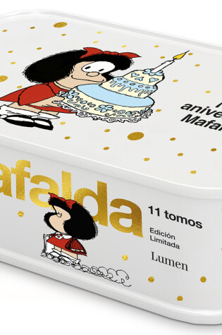 Cover of Lata Mafalda: 11 tomos en una lata (Edición Feliz Aniversario, Mafalda) / Mafald a Collection: 11 Volumes in a Tin Box (Happy Anniversary Edition, Mafalda)