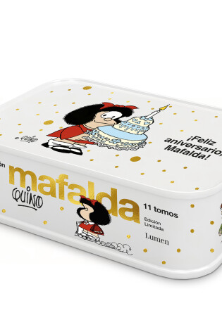 Cover of Lata Mafalda: 11 tomos en una lata (¡Edición Feliz aniversario, Mafalda) / Mafalda Collection: 11 Volumes in a Tin Box (Happy Anniversary Edition, Mafalda)