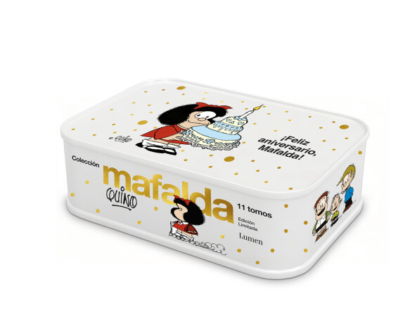 Book cover for Lata Mafalda: 11 tomos en una lata (¡Edición Feliz aniversario, Mafalda) / Mafalda Collection: 11 Volumes in a Tin Box (Happy Anniversary Edition, Mafalda)