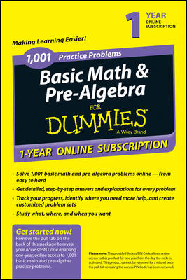 Book cover for 1,001 Basic Math & Pre-Algebra Practice Problems for Dummies Access Code Card (1-Year Subscription)