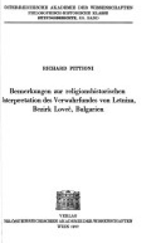 Cover of Bemerkungen Zur Religionshistorischen Interpretation Des Verwahrfundes Von Letniza, Bezirk Lovec, Bulgarien