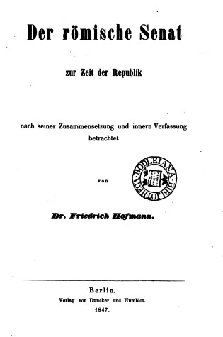 Cover of Der Romische Senat Zur Zeit Der Republik, Nach Seiner Zusammensetzung Und Inneren Verfassung Betrachtet