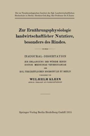 Cover of Zur Ernahrungsphysiologie Landwirtschaftlicher Nutztiere, Besonders Des Rindes