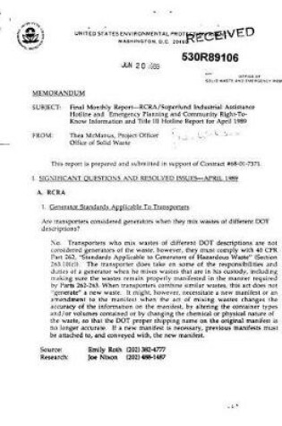 Cover of Rcra-superfund Industry Assistance Hotline and Emergency Planning and Community Right-to-know Hotline Report For April 1989