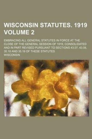 Cover of Wisconsin Statutes. 1919 Volume 2; Embracing All General Statutes in Force at the Close of the General Session of 1919, Consolidated and in Part Revised Pursuant to Sections 43.07, 43.08, 35.18 and 35.19 of These Statutes