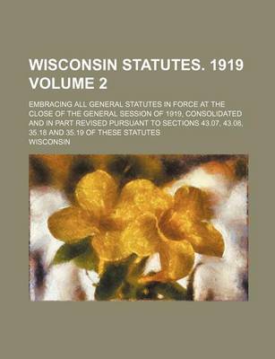 Book cover for Wisconsin Statutes. 1919 Volume 2; Embracing All General Statutes in Force at the Close of the General Session of 1919, Consolidated and in Part Revised Pursuant to Sections 43.07, 43.08, 35.18 and 35.19 of These Statutes