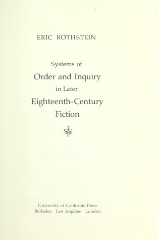 Cover of Systems of Order and Enquiry in Later Eighteenth Century Fiction